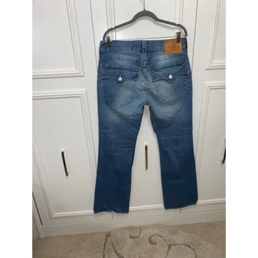 True‎ Religion Men's Blue Straight Jeans Size 34 Distressed Flap Pockets
